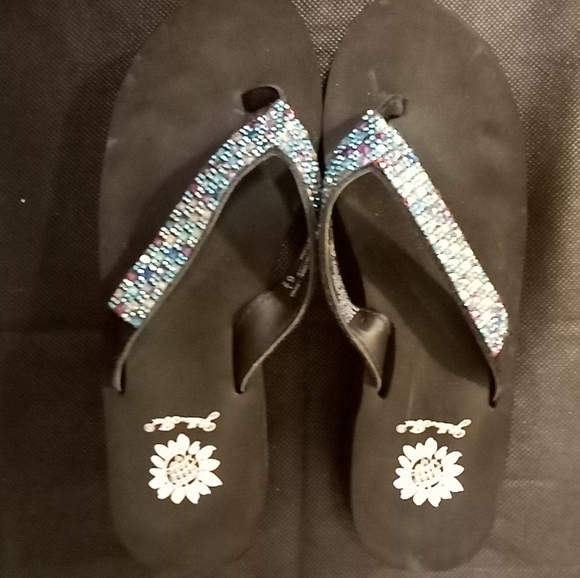 Yellow Box -Wedge Style Sandals, Leather Straps Accented W/ Multi Colored Stones - Picture 4 of 7